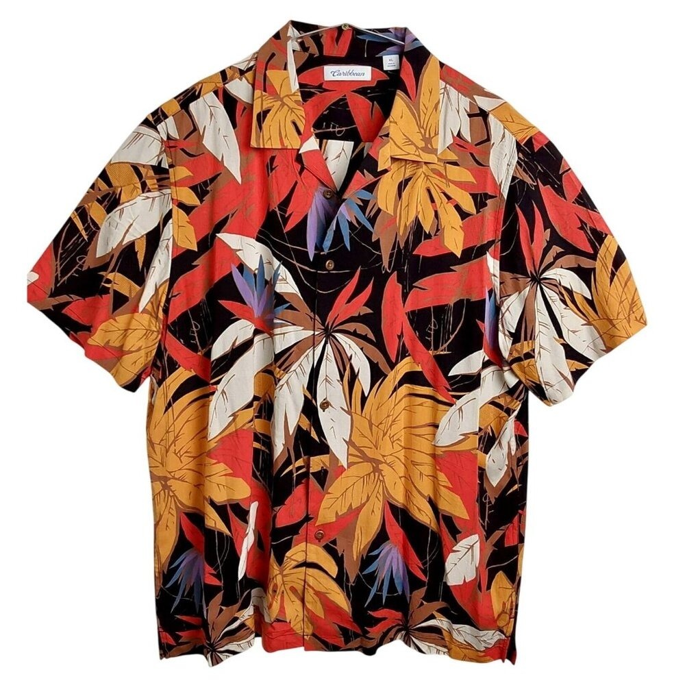 Caribbean Style Men's Tropical Leaf Print Rayon Short Sleeve Button Down Shirt